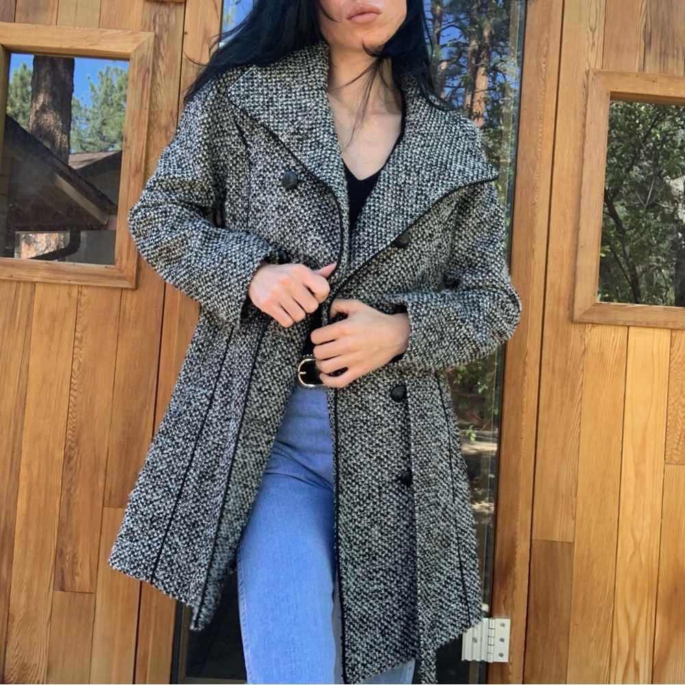 Guess Black and White Tweed Trench Coat